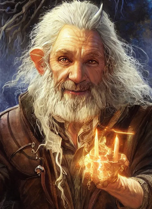 Image similar to a portrait painting of a hobbit wizard, ultra detailed fantasy, dndbeyond, dnd character portrait, full body, pathfinder, pinterest, art by ralph horsley, karol bak, ed binkley