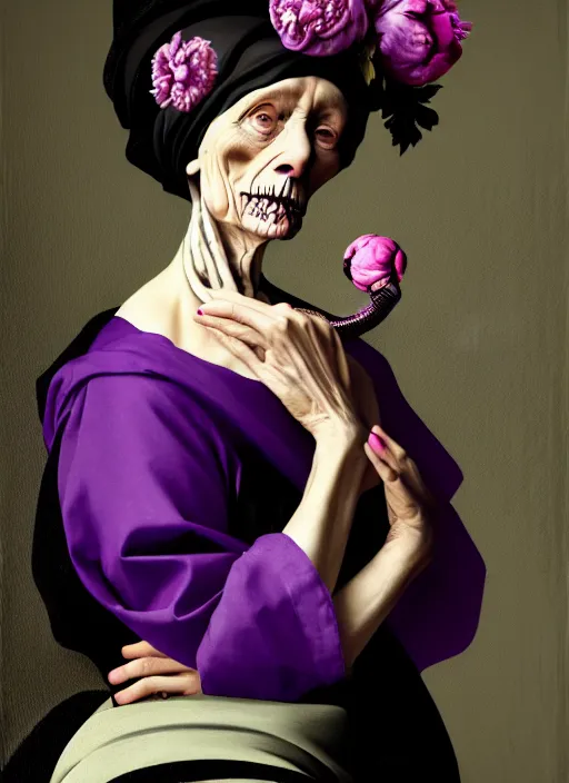 Prompt: portrait of a old year woman with a headscarf a dress of bones and many peonies snake smoke, purple colour scheme, full length, masterpiece, dark background, art by caravaggio, artstation