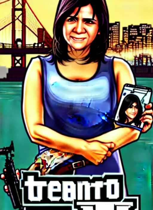 Prompt: leni robredo in grand theft auto game cover art by stephen bliss, detailed advertisement artwork, gta, gta loading screen