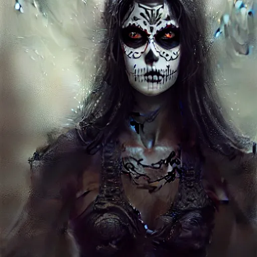 Image similar to day of the dead, character portrait, sharp, digital matte painting, art by luis royo, greg rutkowski, wlop, dramatic lighting, trending on artstation