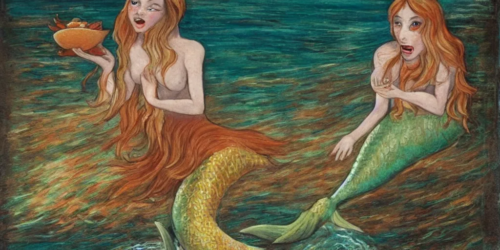 Prompt: hungry mermaid holding frightened sailor