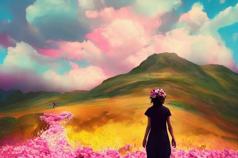 Image similar to giant dahlia flower crown head, girl walking on a mountain, surreal photography, pink storm clouds, dramatic light, impressionist painting, digital painting, artstation, simon stalenhag