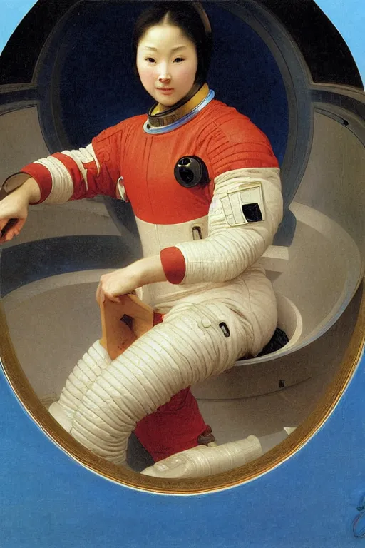 Image similar to portrait of a astronaut in astronaut closed helmet, chinese meticulous painting, by bouguereau