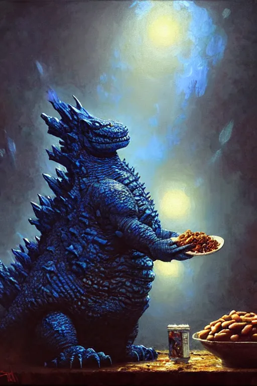 Prompt: happy blue godzilla wearing a hat, eating baked beans while watching tv, detailed portrait dnd, painting by gaston bussiere, craig mullins, greg rutkowski, yoji shinkawa