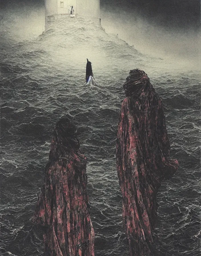 Prompt: worshippers in tattered robes belonging to the cult of the lighthouse standing in waves, a lighthouse, high detailed beksinski painting, part by adrian ghenie and gerhard richter. art by takato yamamoto. masterpiece, dark and moody, deep colours,