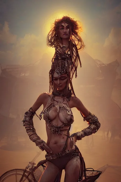 Prompt: a centered photo of a post apocalyptic supermodel goddess at burning man festival playa, powerful, cinematic, beautifully lit, by artgerm, by craig mullins, by karol bak, 3 d, perfect face and body, trending on artstation, octane render, 8 k