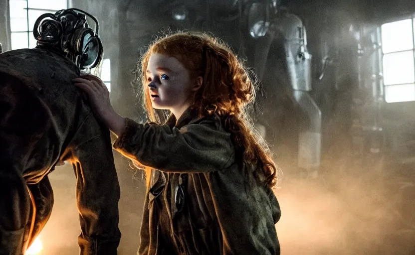 Prompt: scary machine monster grabs sadie sink who's dressed as a miner : a scifi cyberpunk film by steven spielberg and james cameron. low grain film stock. sharp focus. moody cinematic atmosphere, detailed and intricate environment