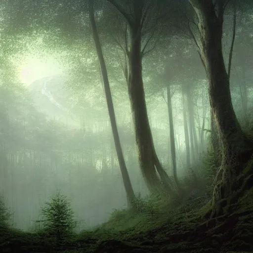 Prompt: a beautiful matte painting of a forest clearing at dawn, john howe, artstation