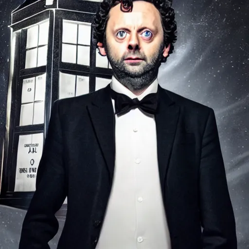 Image similar to a full body photograph of michael sheen as'doctor who ', time vortex in the background, detailed face, symmetrical face, extreme realism and detail, 8 k, completely framed, direct lighting, 3 5 mm photo, photorealistic, sharp focus