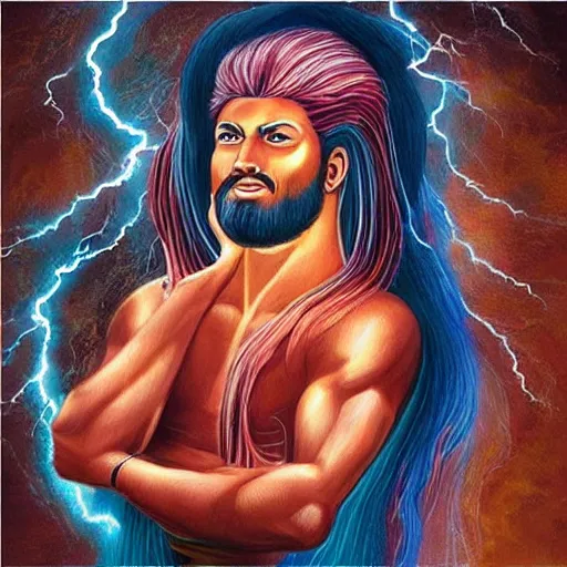 Prompt: “sango God of thunder plaited hair lightning oil painting”