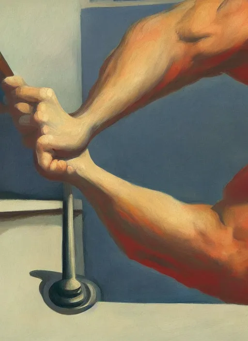 Image similar to hammer crushing hand by Edward Hopper and James Gilleard, highly detailed