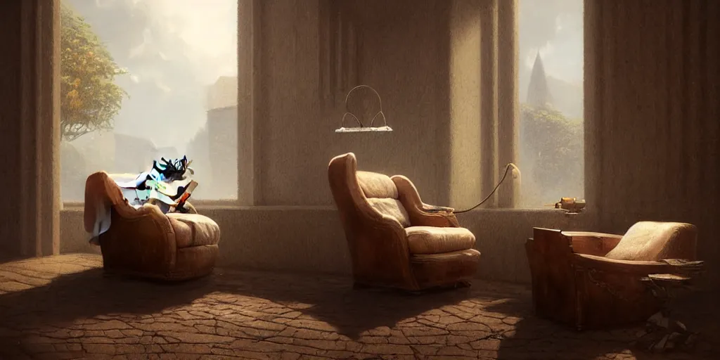 Image similar to a cow sitting in a luxury chair reading a book, digital art, fantasy art, octane render, ureal engine, high detail, very realistic, by greg rutkowski. by james gurney