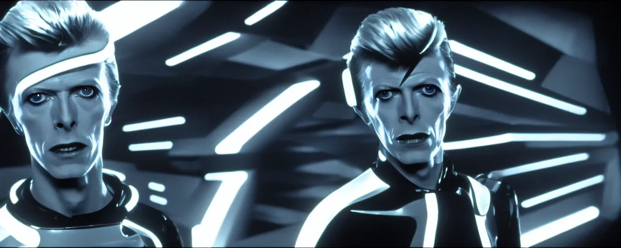 Prompt: a film still of david Bowie in tron high quality .