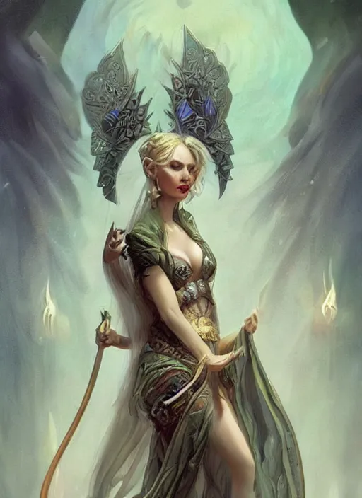 Image similar to tarot!!, fairy queen, fantasy medieval, no noise, elegant, concept art, sharp focus, beautiful face!!, digital art, smooth defined outlines!!, by Brom, trending on Artstation, Tom Bagshaw, Sargent