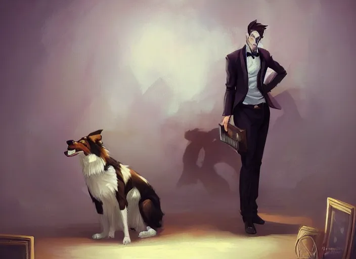 Image similar to wide angle beautiful full body portrait of a strong male anthropomorphic anthro border collie fursona in a suit sitting in a parlor room, character design by charlie bowater, henry asencio, and ross tran, disney, scenic background, detailed, aesthetic, trending on artstation, furaffinity, deviantart