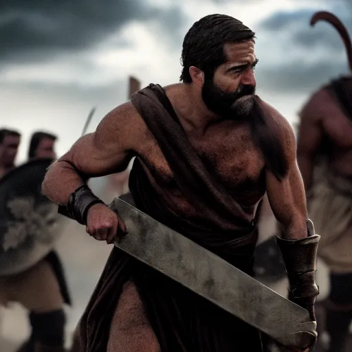 Image similar to cinematic film still of joe biden as leonidas without a beard in 3 0 0 movie, 8 k, epic moody sky, dramatic lighting