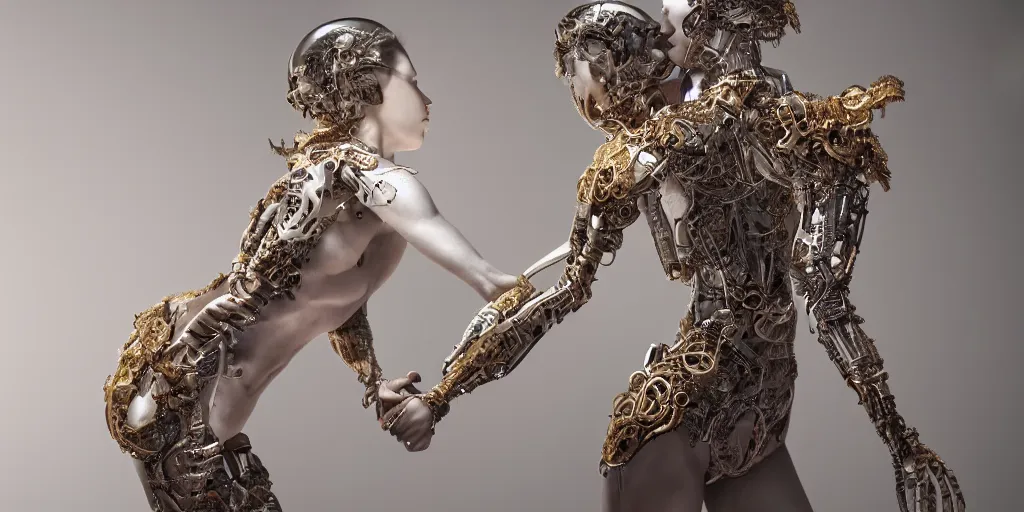 Image similar to hyper realistic photography of a stunningly cyborg female, intimate, holding hands, kissing, delicate gold blade, in the style of beth cavener, jin kagetsu,, and wlop, highly detailed, intricate filigree, chrome face symmetry, masterpiece, award - winning, sharp focus, concept art, high key, ambient lighting, 8 k, octane render,