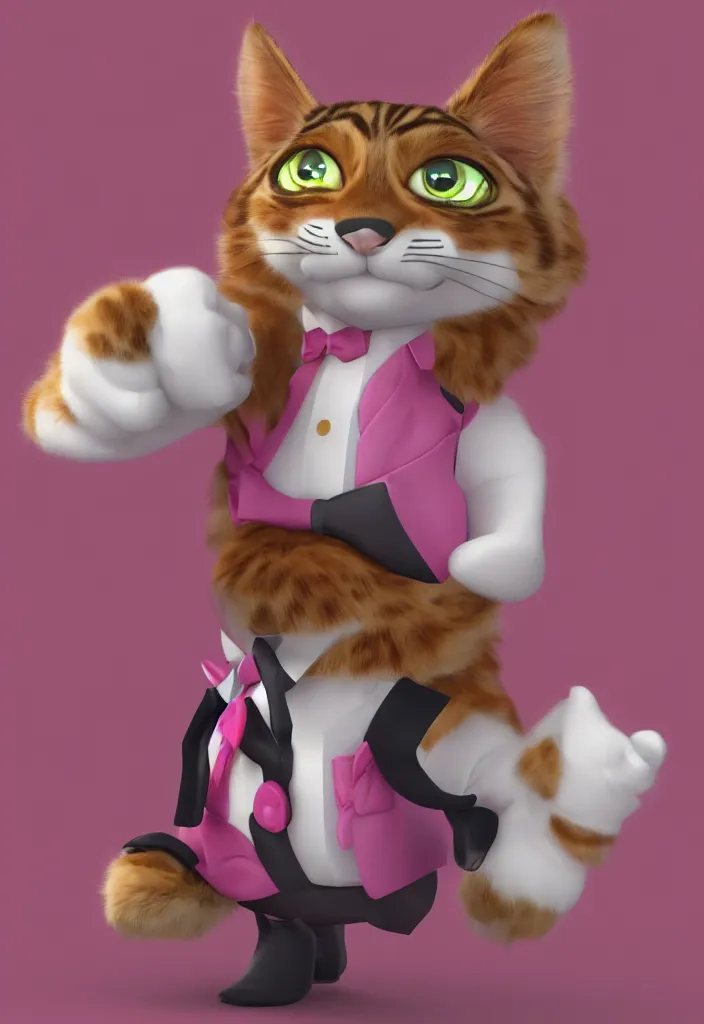 Image similar to 3d render , anthropomorphic male tabby cat,wearing a pink tux ,style of Zootopia, 8K HD Resolution, High quality image