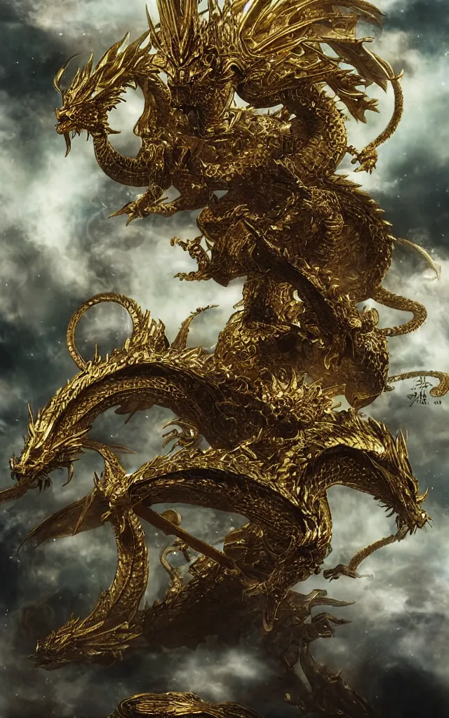 Image similar to by yoshitaka amano golden dragon, epic, legendary, cinematic composition, stunning atmosphere by yoshitaka amano