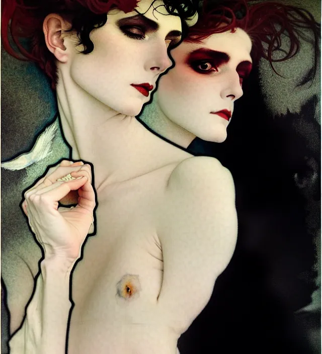 Image similar to stunning portrait of highly details androgynous e as desire from sandman, rockabilly style, white suit and black tie,, by egon shiele and alphonse mucha, with influence of jeremy mann, peter lindbergh, dave mckean, maurice sapiro, and frank moth, soft lightning, highly detailed, 8 k