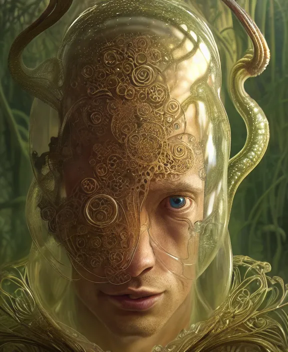 Image similar to intricate ornate opulent transparent clear see - through portrait of a terrifying beautiful male alien rat, mottled coloring, adorable, childlike, overgrown jungle environment, ultra realistic, concept art, art nouveau, photorealistic, octane render, 8 k, unreal engine. art by christopher marley and artgerm and greg rutkowski and alphonse mucha