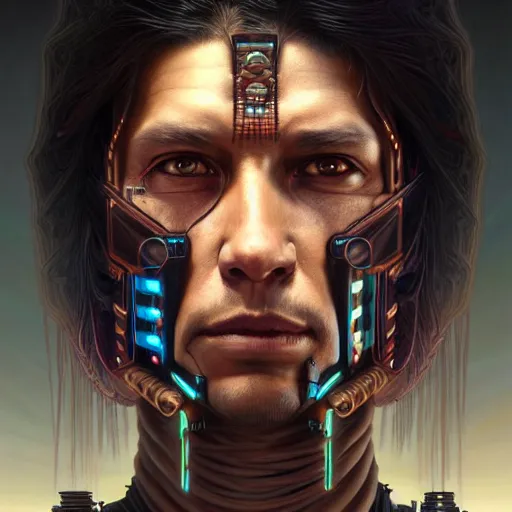 Image similar to portrait painting of a cyberpunk decker native american man, ultra realistic, concept art, intricate details, eerie, highly detailed, photorealistic, octane render, 8 k, unreal engine. art by artgerm and greg rutkowski and charlie bowater and magali villeneuve and alphonse mucha