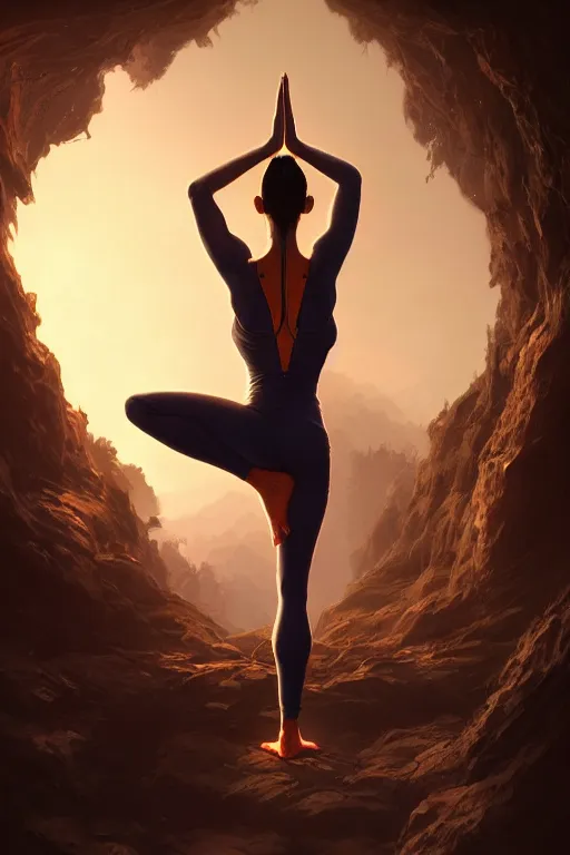 Image similar to detailed intricate digital illustration by greg rutkowski and artgerm and wlop and sanford robinson gifford ; yoga pose. radiant glowing veins ; 1 3 mm film, arri alfa anamorphic lens, sharp focus ; lit from behind, edge lighting, trending on artstation 8 k