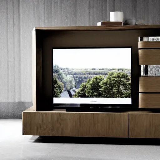 Prompt: brutalist style tv furniture, modern architecture, high resolution, minimal