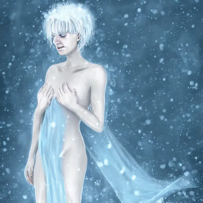Image similar to full body portrait of a woman dying of hypothermia, with very white skin and pale blue hair wearing a long white dress made out of snowflake in the middle of a heavy snowstorm. sickly looking. digital art by maromi sagi