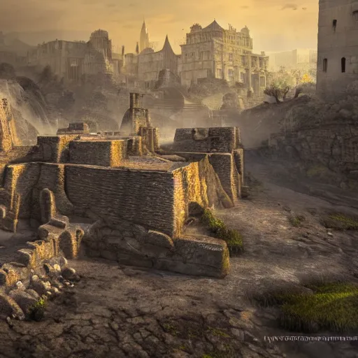 Prompt: A realistic detailed photo of an ancient city, rocks coming out of the ground, fire, dead peoples, destroyed city, foggy landscape, light particles, detailed light, realistic shaders, trending on artisation, detailed textures, detailed, realistic.