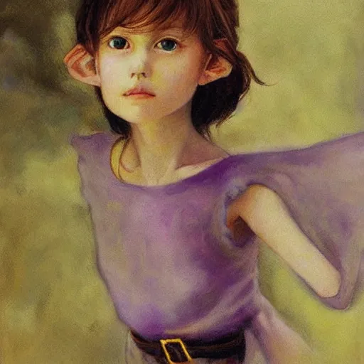 Image similar to little elf, purple tunic, soft hair. light color palate, detailed soft painting, ayami kojima, anatomically correct, inspired in balthus