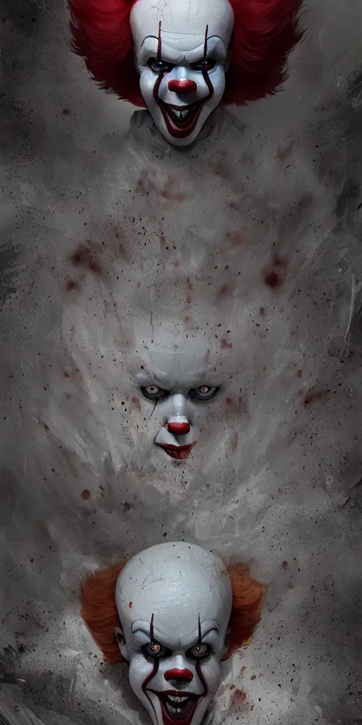 Image similar to a horror pennywise, greg rutkowski, zabrocki, karlkka, jayison devadas, trending on artstation, 8 k, ultra wide angle, zenith view, pincushion lens effect