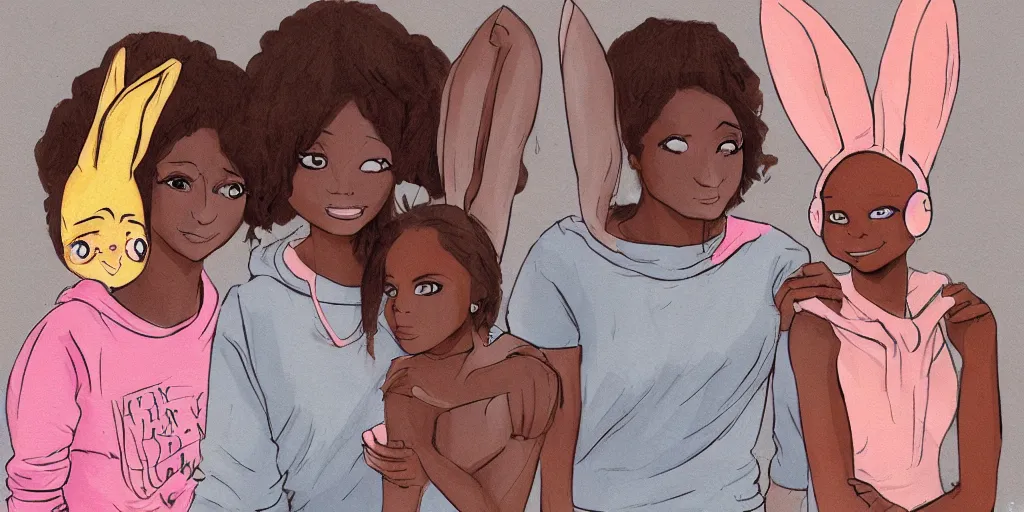 Prompt: women, dark skin, ginger, cartoon, sweatshirt, concept art, concept art, bunny ears,