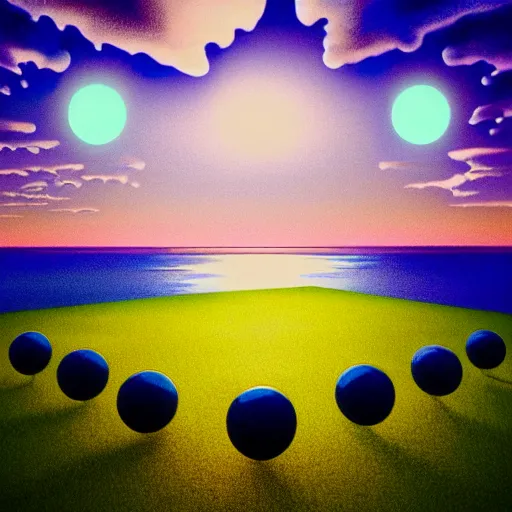 Image similar to minimalistic, hyperrealistic surrealism, symmetrical landscape, award winning masterpiece with incredible details, a surreal vaporwave liminal space, highly detailed, illuminated orbs, trending on ArtStation