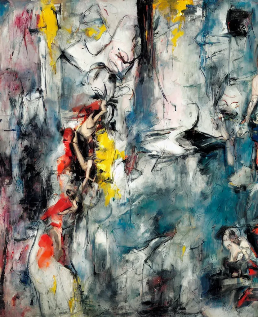 Image similar to a cyborg woman and a child crying in a fridge painted by Adrian Ghenie and Willem de Kooning and Cy Twombly