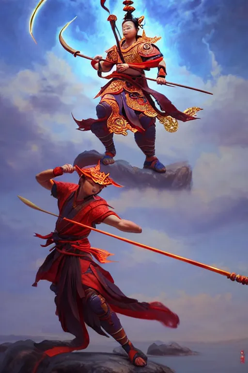 Image similar to cute nezha, highly detailed, man holding spear, flame everywhere, epic pose, masterpiece chinese fantasy character portrait, highly detailed, digital painting, trending on artstation, concept art, sharp focus, illustration, global illumination, ray tracing, realistic shaded, art by artgerm and greg rutkowski and fuji choko and viktoria gavrilenko and hoang lap