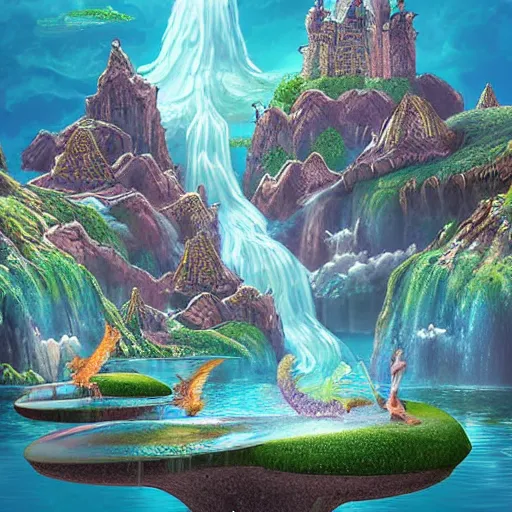 Prompt: floating islands with waterfalls and dragons, digital art, aesthetic, astonishing detail