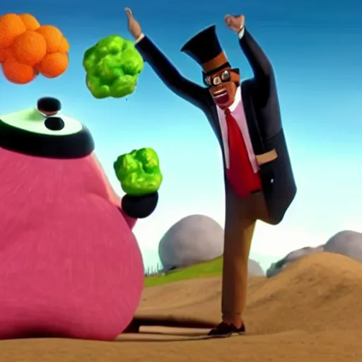Prompt: a still from the movie the nutty professor crossover with the game katamari damacy