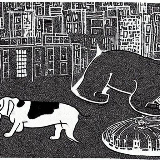 Prompt: a giant beagle wrecking havoc on a city