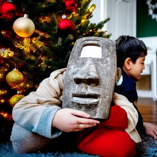 Prompt: a kid at christmas disappointed and crying looking a giant moai statue, his hands buried in his face, sitting down | inside of a house next to a christmas tree, large opened present box next to the moai