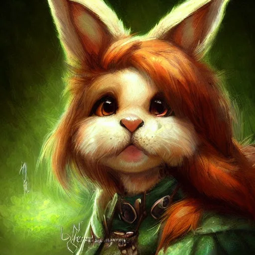 Prompt: cute anthropomorphic bunny, green eyes, brown fur, wlop, artgerm, royo