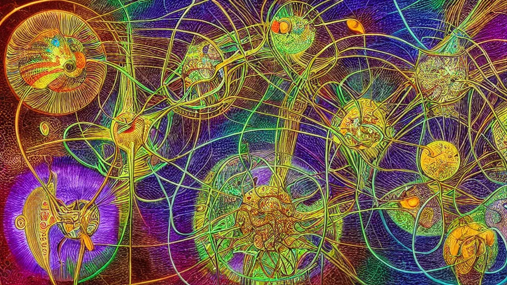 Image similar to quantum connections represented as symbiotic organisms like cells playing around with colorful lights by ernst haeckel, connectivity, sharp, futuristic, magnetic