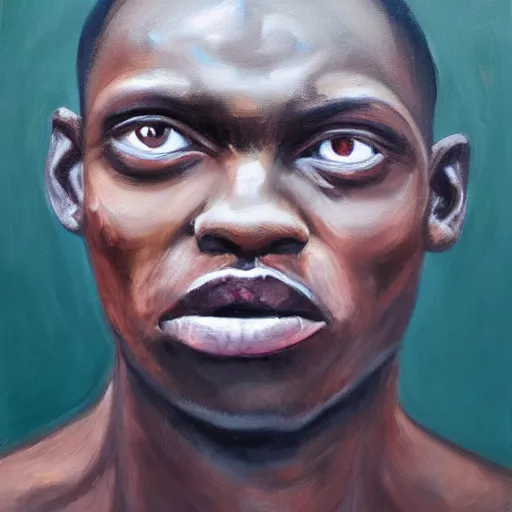 Prompt: expressive oil paint, medium shot, of a man with future eyes, dark skin, apocalypse