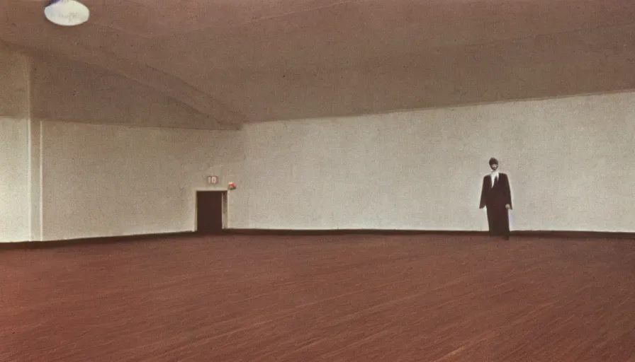 Image similar to 70s movie still of a man with very very long arms in an empty soviet ballroom, eastmancolor, heavy grain, high quality, higly detailed, liminal space