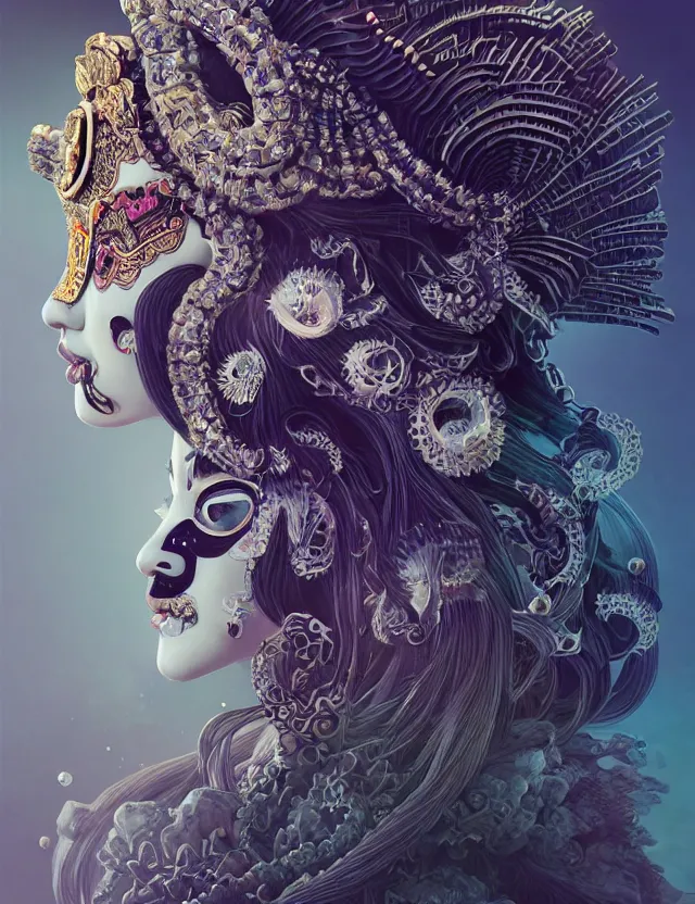 Image similar to 3 d goddess close - up profile portrait with crown, ram skull. beautiful intricately detailed tribal japanese crow kitsune mask and clasical japanese kimono. betta fish, jellyfish phoenix, bio luminescent, plasma, ice, water, wind, creature, artwork by tooth wu and wlop and beeple and greg rutkowski