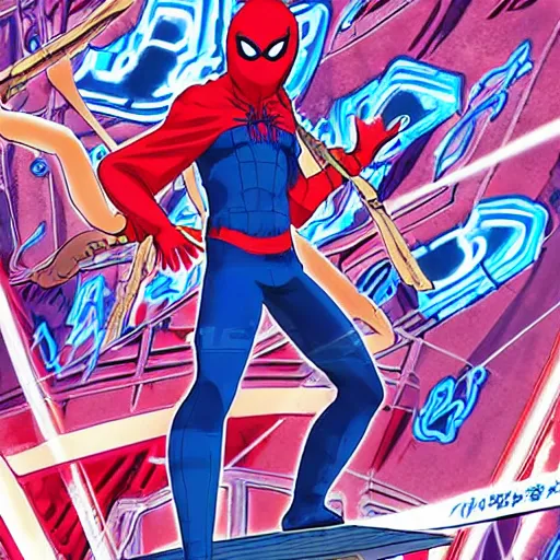 Image similar to Anime key visual of Cyberpunk ninja Spider-Man in a colorful blue and scarlet suit, wearing a scarlet hoodie, riding a skateboard in Berlin, official media drawn by Hirohiko Araki, anime magazine cover, manga cover, shonen jump cover, in the style of JOJO’s bizarre adventure, Hirohiko Araki artwork