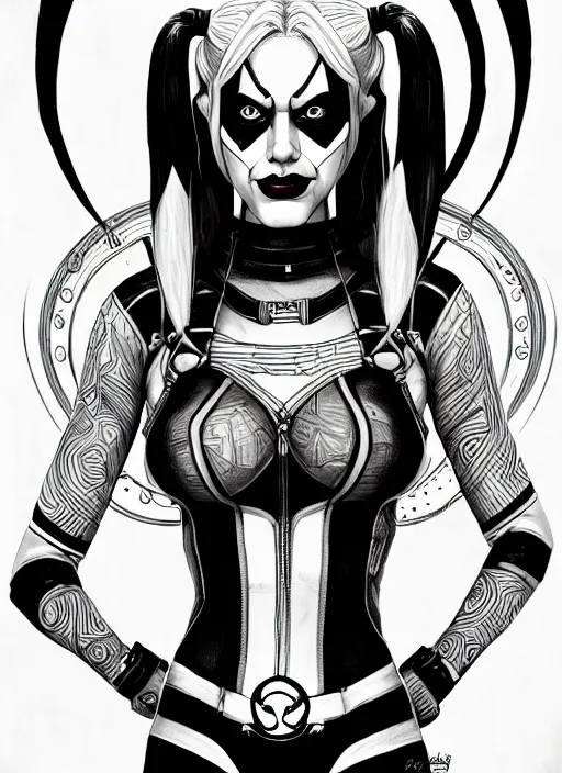 Image similar to symmetry concpet art, full shot, traditional ink, sketch, of harley quinn, line sketch, intricate, elegant, highly detailed, monochrome, digital painting, artstation, concept art, sharp focus, illustration, art by borderlands 3 and peter polach