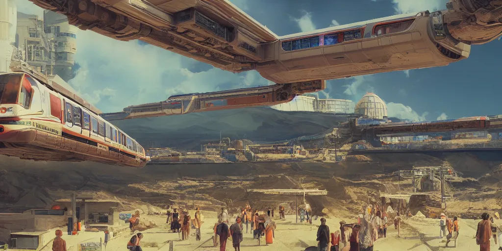 Prompt: concept art monorail shonan in martian landscape, brutalism, colorful, syd mead, norman rockwell, junichi higashi, 4 k resolution, octane render, intricate, balance, ultra detailed, medium full shot, volumetric lighting, cinematic lighting + masterpiece,