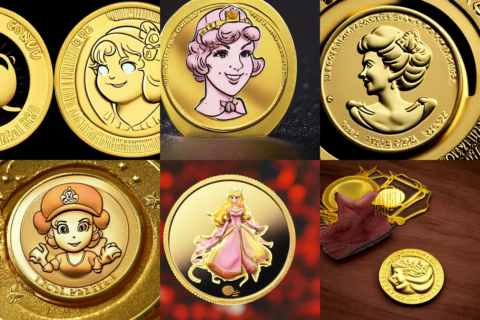 Prompt: gold coin embossed with princess peach, photograph