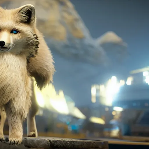 Image similar to Playstation 4 screenshot depicting an anthropomorphic arctic fox furry up as a character in Final Fantasy, octane render